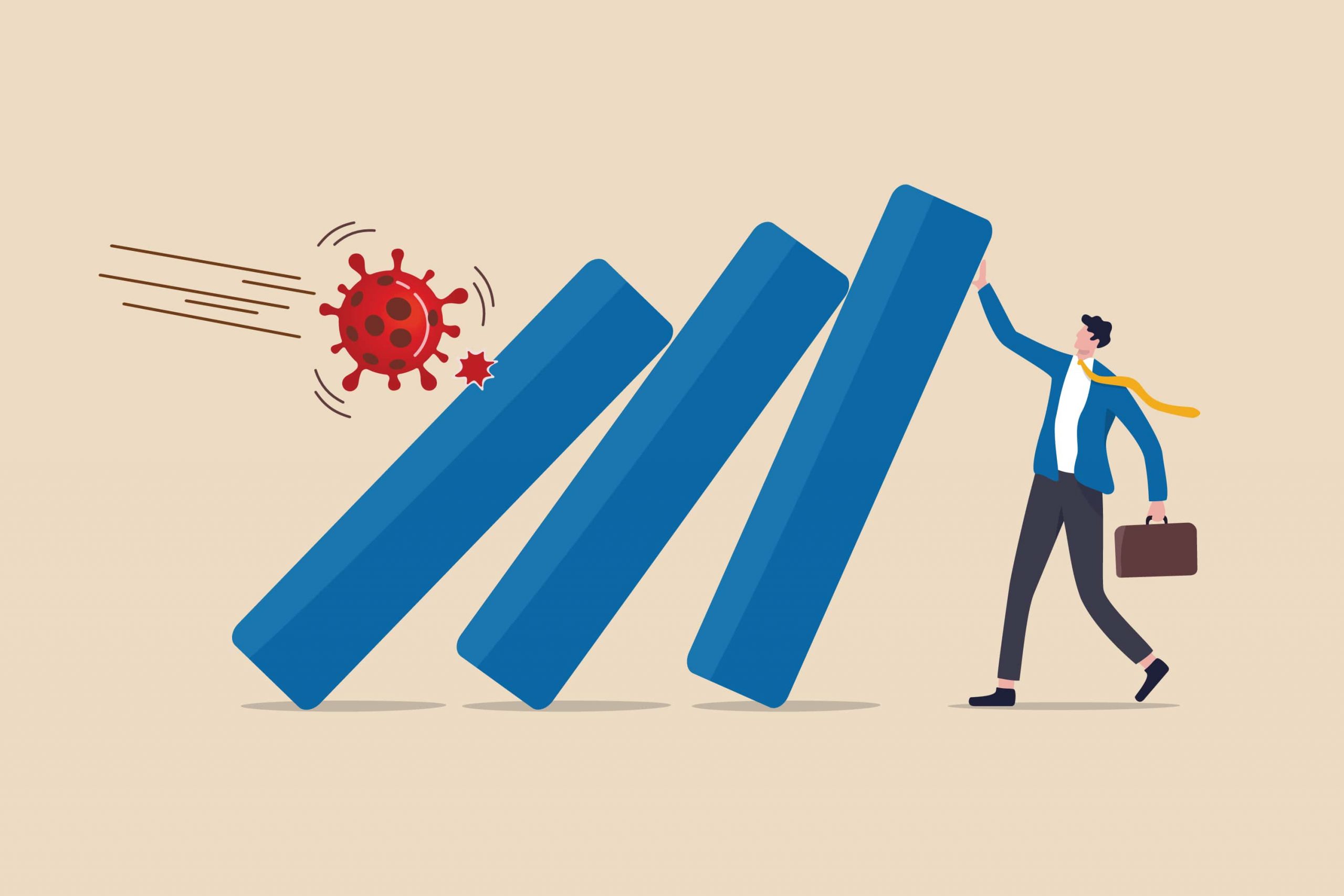 Coronavirus outbreak financial crisis graphic concept - A business leader pushing bar graph falling from COVID-19 virus pathogen.