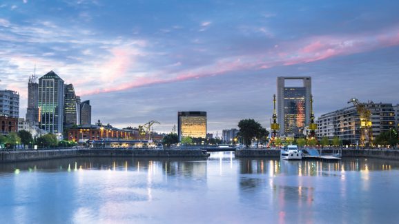 landscape shot of Argentina buildings with water